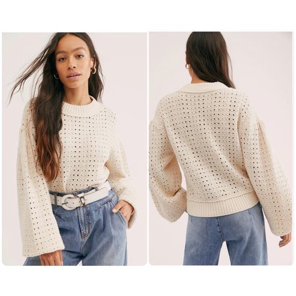 FREE PEOPLE Paper Doll Open Knit Chunky Pullover Sweater Ivory Cream Size L NEW - Picture 2 of 11